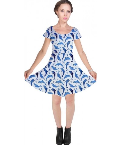 Womens Summer Dress Sea Animals Whales Sharks Dolphin Fish Knee Length Skater Dress with Pockets, XS-5XL Blue $13.44 Others