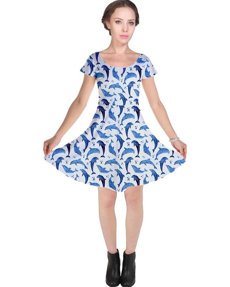 Womens Summer Dress Sea Animals Whales Sharks Dolphin Fish Knee Length Skater Dress with Pockets, XS-5XL Blue $13.44 Others