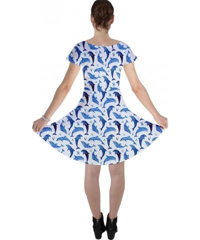 Womens Summer Dress Sea Animals Whales Sharks Dolphin Fish Knee Length Skater Dress with Pockets, XS-5XL Blue $13.44 Others