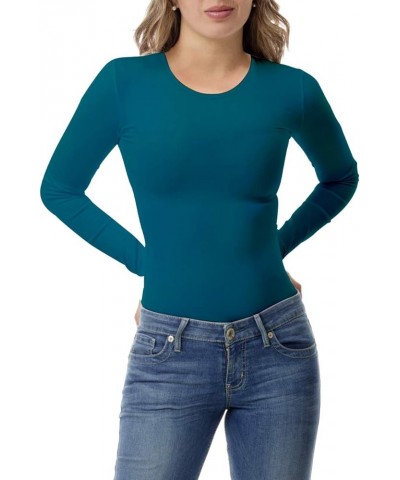 Women's Long Sleeve Crew Neck T-Shirt Basic Solid Slim Fit Cotton Tops Peacock Blue $12.50 T-Shirts