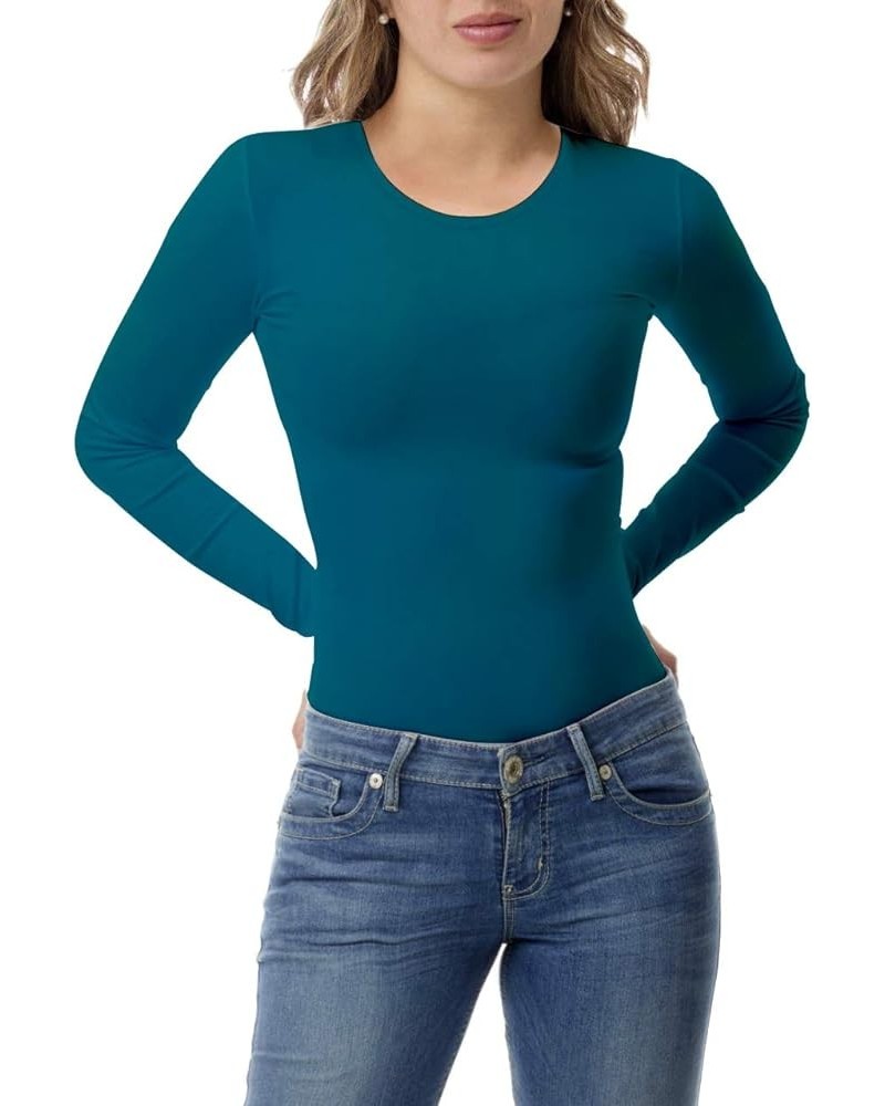 Women's Long Sleeve Crew Neck T-Shirt Basic Solid Slim Fit Cotton Tops Peacock Blue $12.50 T-Shirts