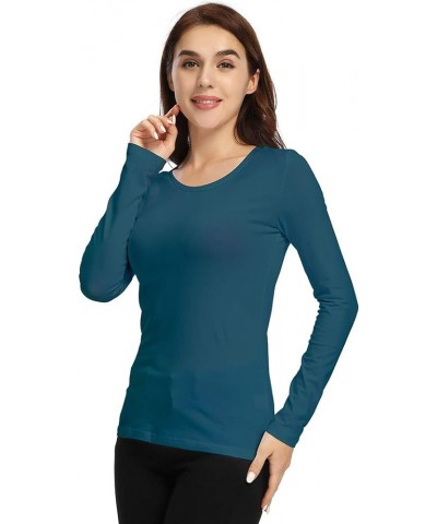 Women's Long Sleeve Crew Neck T-Shirt Basic Solid Slim Fit Cotton Tops Peacock Blue $12.50 T-Shirts