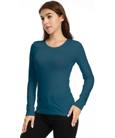 Women's Long Sleeve Crew Neck T-Shirt Basic Solid Slim Fit Cotton Tops Peacock Blue $12.50 T-Shirts