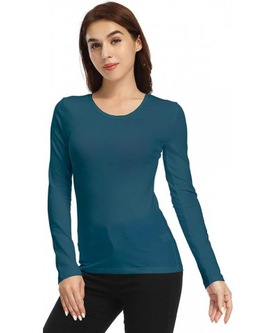 Women's Long Sleeve Crew Neck T-Shirt Basic Solid Slim Fit Cotton Tops Peacock Blue $12.50 T-Shirts