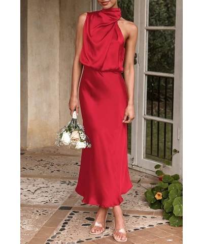 Women's 2024 Summer Satin Dress Elegant Sleeveless Mock Neck Cocktail Party Maxi Dresses Red $31.85 Dresses