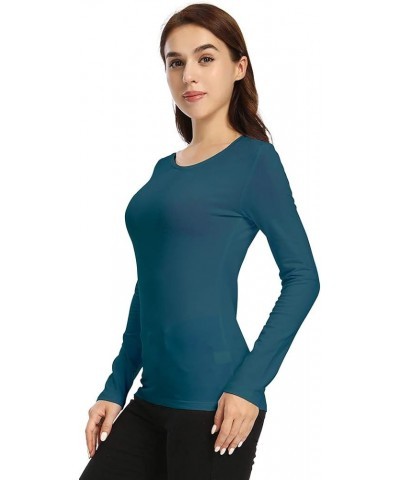 Women's Long Sleeve Crew Neck T-Shirt Basic Solid Slim Fit Cotton Tops Peacock Blue $12.50 T-Shirts