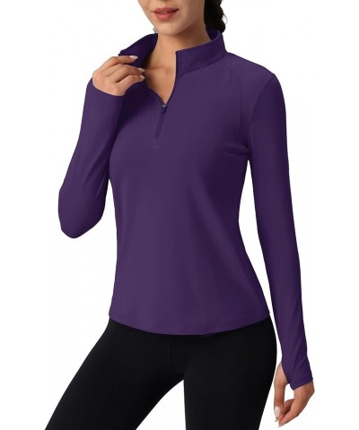 Women's Quarter Zip Pullover Shirts with Pockets Slim Fit Workout Running Jackets with Thumb Holes Deep Purple $13.93 Jackets