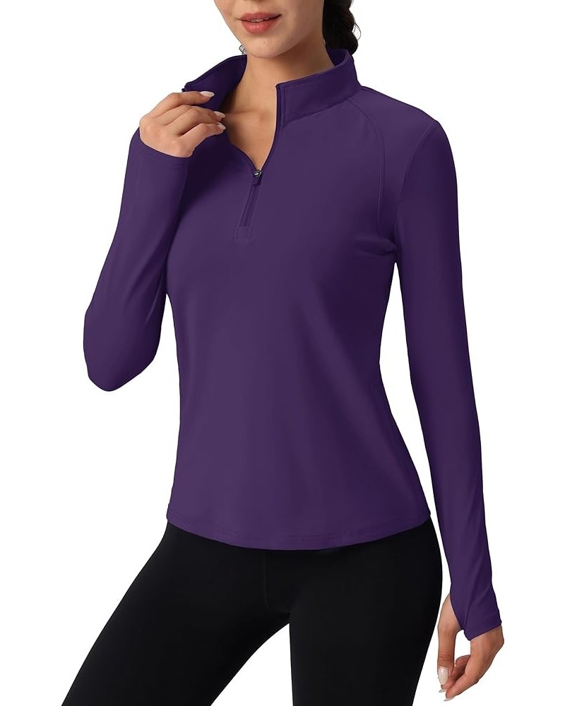 Women's Quarter Zip Pullover Shirts with Pockets Slim Fit Workout Running Jackets with Thumb Holes Deep Purple $13.93 Jackets