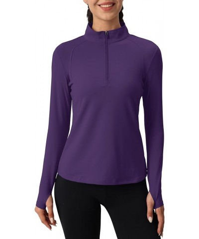 Women's Quarter Zip Pullover Shirts with Pockets Slim Fit Workout Running Jackets with Thumb Holes Deep Purple $13.93 Jackets