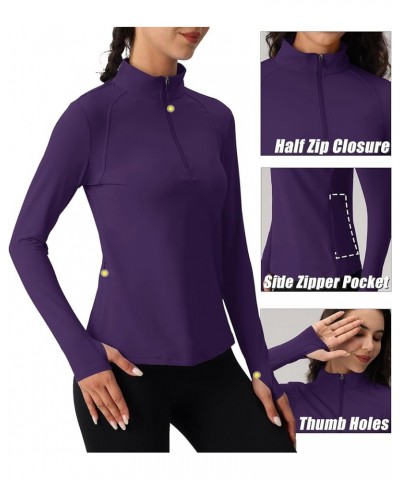 Women's Quarter Zip Pullover Shirts with Pockets Slim Fit Workout Running Jackets with Thumb Holes Deep Purple $13.93 Jackets