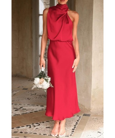 Women's 2024 Summer Satin Dress Elegant Sleeveless Mock Neck Cocktail Party Maxi Dresses Red $31.85 Dresses