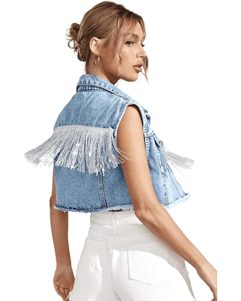 Women's Fringe Raw Trim Sleeveless Denim Vest Jean Jacket Coat Light Wash Blue $21.19 Vests