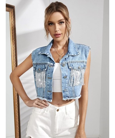 Women's Fringe Raw Trim Sleeveless Denim Vest Jean Jacket Coat Light Wash Blue $21.19 Vests