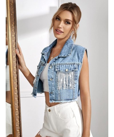 Women's Fringe Raw Trim Sleeveless Denim Vest Jean Jacket Coat Light Wash Blue $21.19 Vests