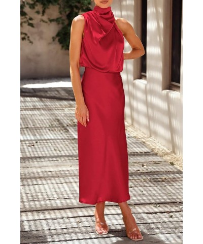 Women's 2024 Summer Satin Dress Elegant Sleeveless Mock Neck Cocktail Party Maxi Dresses Red $31.85 Dresses