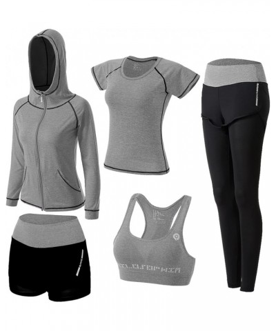 Women's 5pcs Sport Suits Fitness Yoga Running Athletic Tracksuits Light Grey $27.92 Activewear