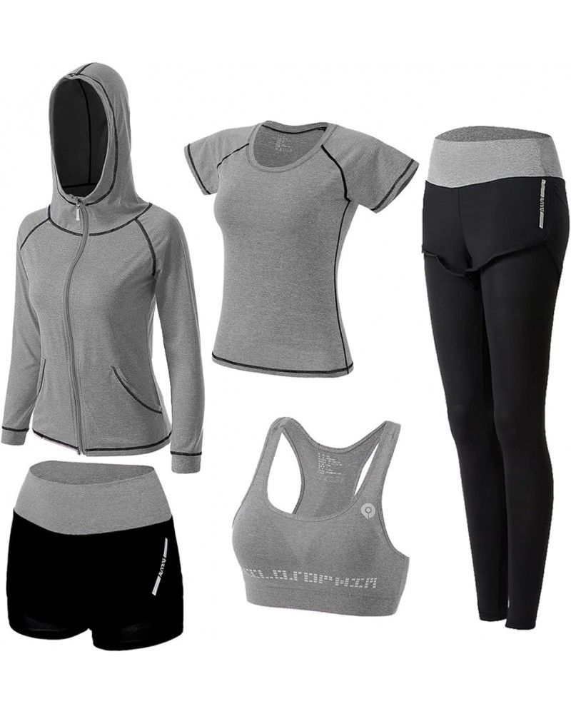 Women's 5pcs Sport Suits Fitness Yoga Running Athletic Tracksuits Light Grey $27.92 Activewear