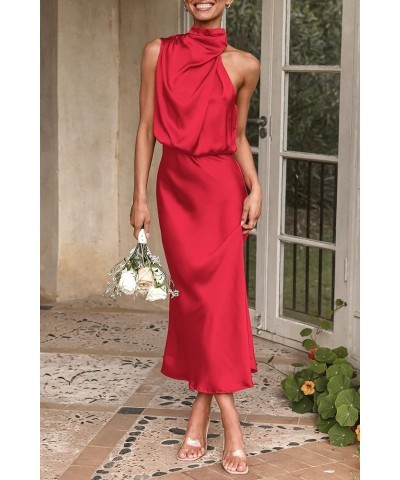 Women's 2024 Summer Satin Dress Elegant Sleeveless Mock Neck Cocktail Party Maxi Dresses Red $31.85 Dresses