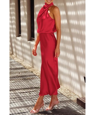 Women's 2024 Summer Satin Dress Elegant Sleeveless Mock Neck Cocktail Party Maxi Dresses Red $31.85 Dresses