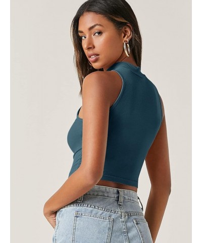 Women's Casual High Neck Sleeveless Solid Crop Halter Tank Top Teal $11.59 Tanks