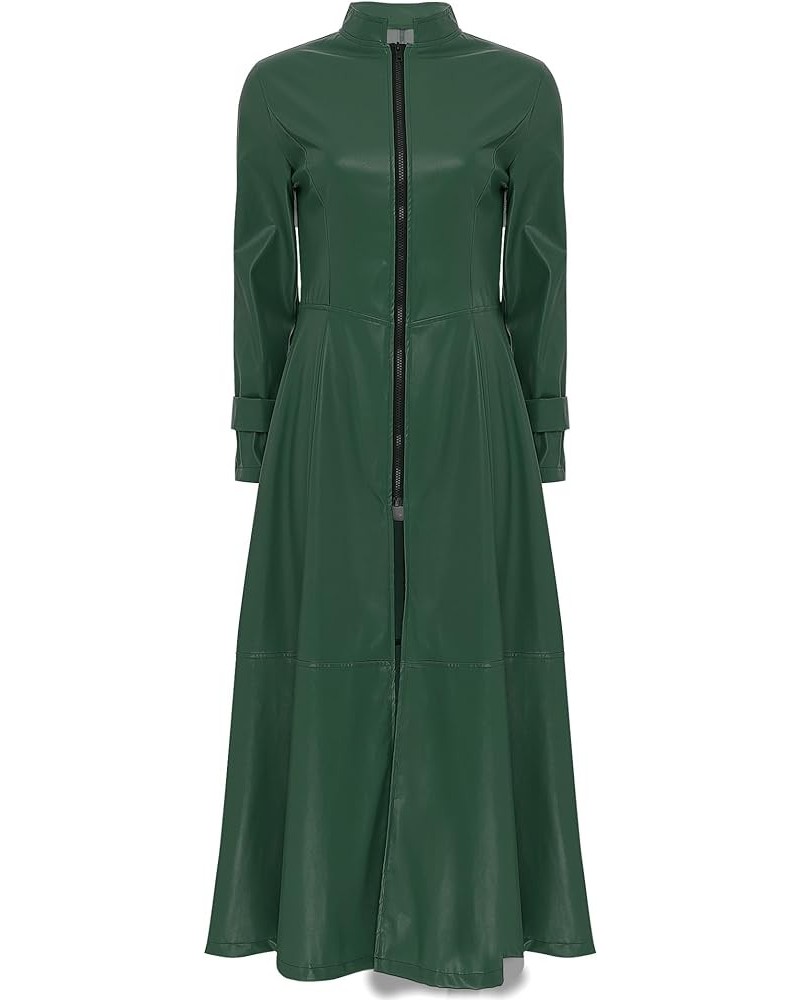 Womens Patent Leather Stand Collar Long Sleeve Jacket Dress Full Zipper Long Jacket Coats Dark Green $16.22 Coats