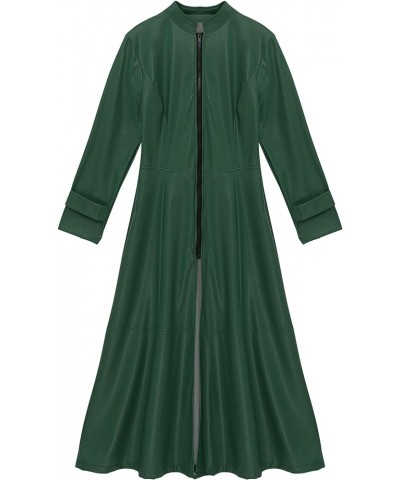 Womens Patent Leather Stand Collar Long Sleeve Jacket Dress Full Zipper Long Jacket Coats Dark Green $16.22 Coats