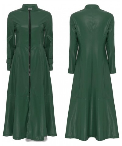 Womens Patent Leather Stand Collar Long Sleeve Jacket Dress Full Zipper Long Jacket Coats Dark Green $16.22 Coats