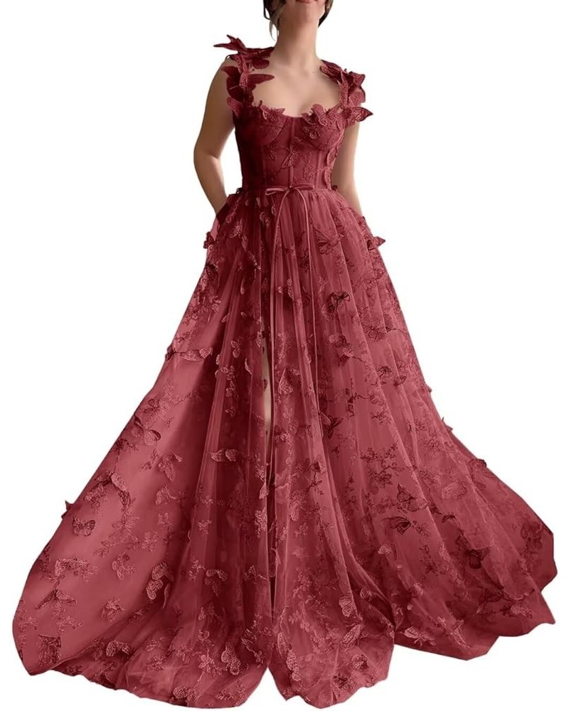 Tulle 3D Butterflies Long Prom Dresses for Teens Embroidered Formal Evening Party Gowns with Slit Burgundy $42.50 Dresses