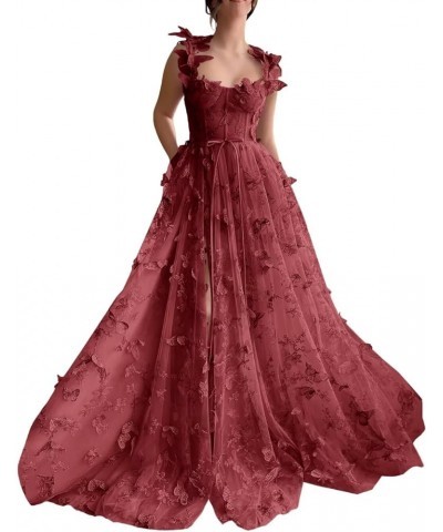 Tulle 3D Butterflies Long Prom Dresses for Teens Embroidered Formal Evening Party Gowns with Slit Burgundy $42.50 Dresses