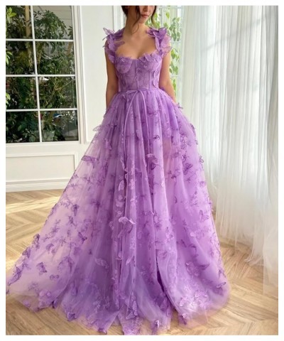 Tulle 3D Butterflies Long Prom Dresses for Teens Embroidered Formal Evening Party Gowns with Slit Burgundy $42.50 Dresses