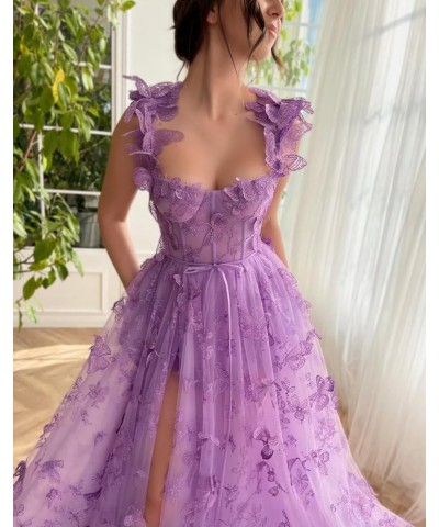 Tulle 3D Butterflies Long Prom Dresses for Teens Embroidered Formal Evening Party Gowns with Slit Burgundy $42.50 Dresses