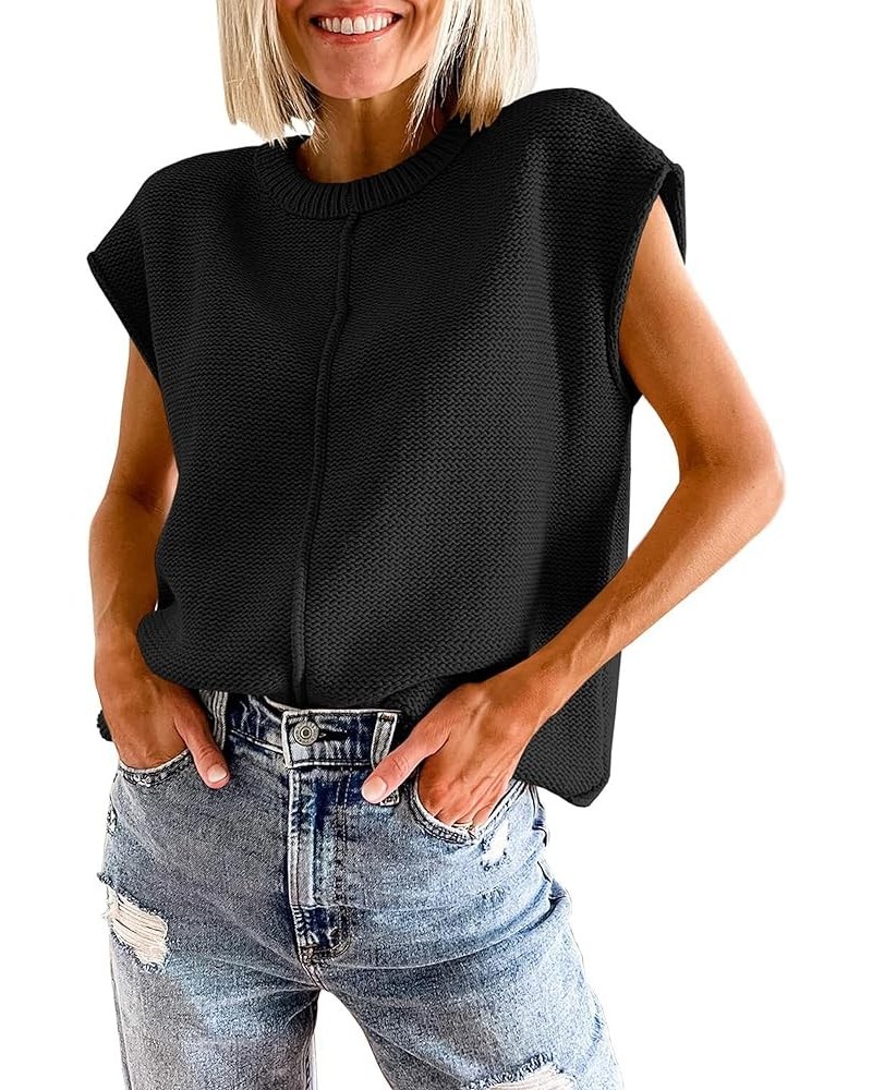 Womens Sweater Vest Pullover Crew Neck Cap Sleeve Loose Fit Knit Sweater Tank Tops Black $15.51 Sweaters