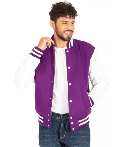 Varsity Letterman Jacket Wool & Genuine Leather Sleeves, Genuine Leather Varsity Jacket (16 Colours) Purple Body , White Slee...