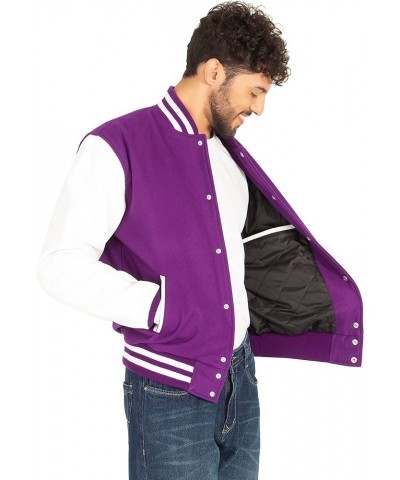 Varsity Letterman Jacket Wool & Genuine Leather Sleeves, Genuine Leather Varsity Jacket (16 Colours) Purple Body , White Slee...