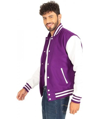 Varsity Letterman Jacket Wool & Genuine Leather Sleeves, Genuine Leather Varsity Jacket (16 Colours) Purple Body , White Slee...