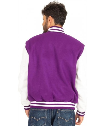 Varsity Letterman Jacket Wool & Genuine Leather Sleeves, Genuine Leather Varsity Jacket (16 Colours) Purple Body , White Slee...