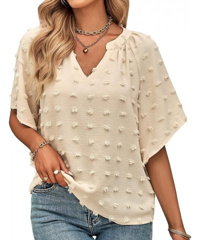 Women Summer V Neck Short Sleeve Shirts Loose Casual Blouse Swiss Dot Flowy Tunic Tops Apricot $11.59 Tops