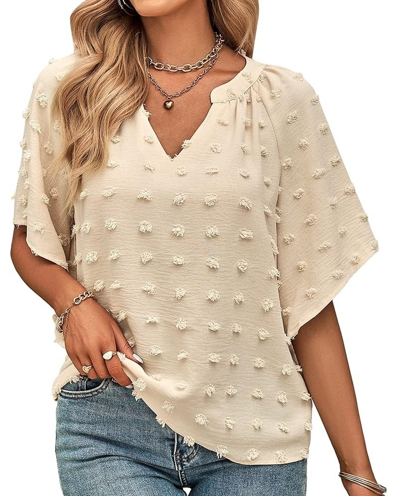 Women Summer V Neck Short Sleeve Shirts Loose Casual Blouse Swiss Dot Flowy Tunic Tops Apricot $11.59 Tops