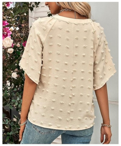 Women Summer V Neck Short Sleeve Shirts Loose Casual Blouse Swiss Dot Flowy Tunic Tops Apricot $11.59 Tops