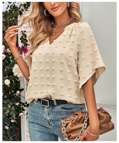 Women Summer V Neck Short Sleeve Shirts Loose Casual Blouse Swiss Dot Flowy Tunic Tops Apricot $11.59 Tops