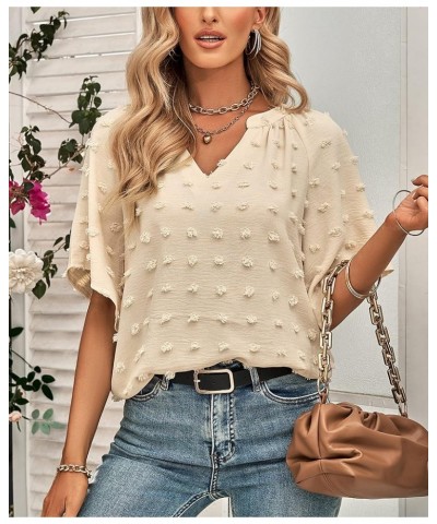 Women Summer V Neck Short Sleeve Shirts Loose Casual Blouse Swiss Dot Flowy Tunic Tops Apricot $11.59 Tops