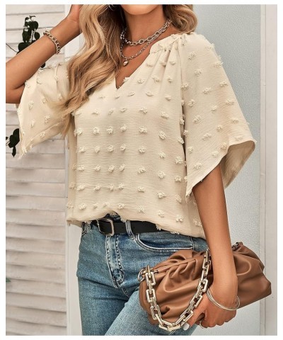 Women Summer V Neck Short Sleeve Shirts Loose Casual Blouse Swiss Dot Flowy Tunic Tops Apricot $11.59 Tops