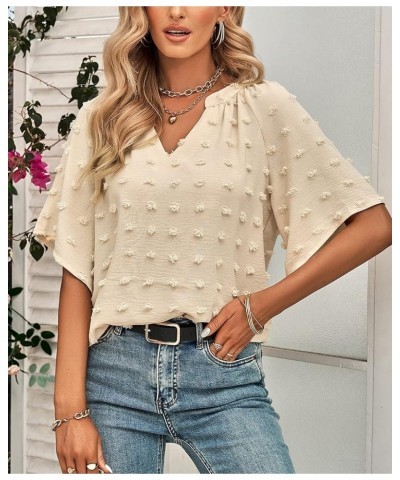 Women Summer V Neck Short Sleeve Shirts Loose Casual Blouse Swiss Dot Flowy Tunic Tops Apricot $11.59 Tops