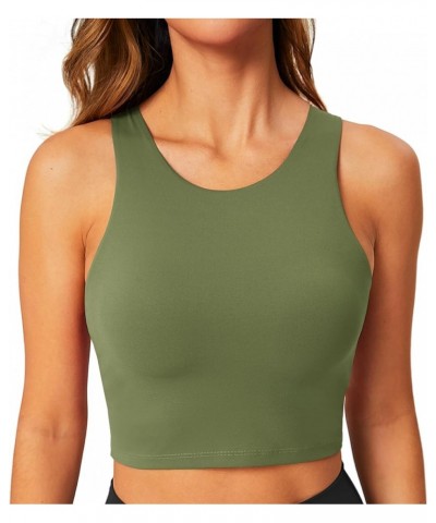 Longline Sports Bra High Neck Crop Top with Built in Bra Racerback Tank Tops Removable Padded Yoga Tops Grey Olive $14.52 Lin...