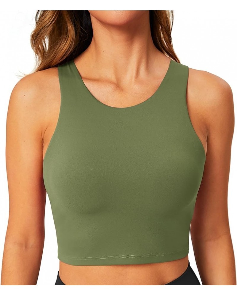 Longline Sports Bra High Neck Crop Top with Built in Bra Racerback Tank Tops Removable Padded Yoga Tops Grey Olive $14.52 Lin...