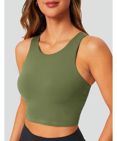 Longline Sports Bra High Neck Crop Top with Built in Bra Racerback Tank Tops Removable Padded Yoga Tops Grey Olive $14.52 Lin...