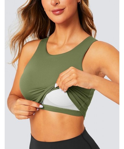 Longline Sports Bra High Neck Crop Top with Built in Bra Racerback Tank Tops Removable Padded Yoga Tops Grey Olive $14.52 Lin...