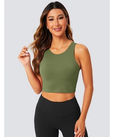 Longline Sports Bra High Neck Crop Top with Built in Bra Racerback Tank Tops Removable Padded Yoga Tops Grey Olive $14.52 Lin...