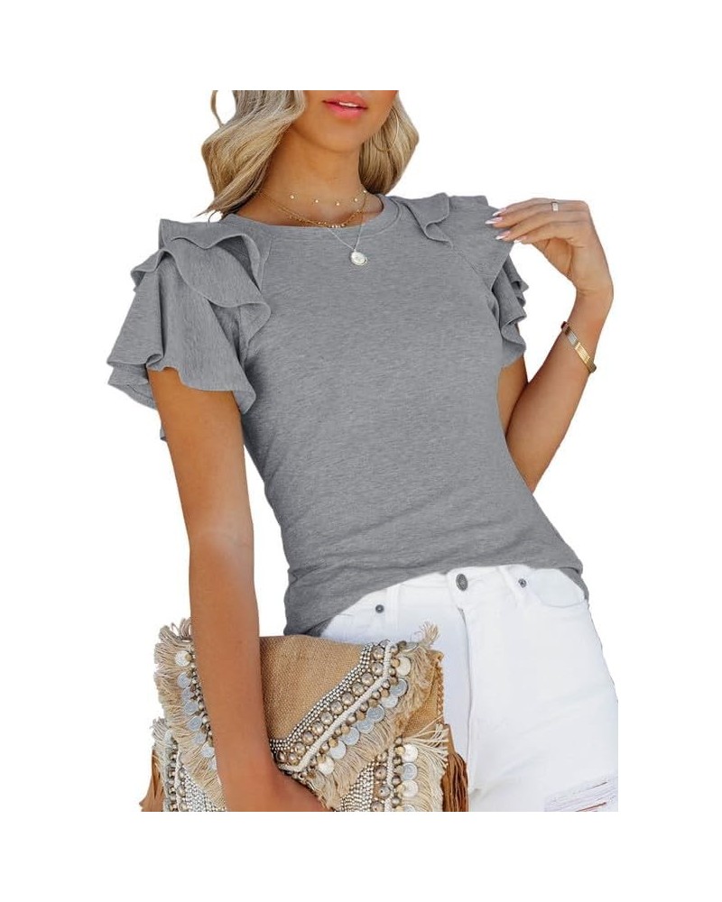 Womens Summer Tops Crewneck Ruffle Short Sleeve T Shirts Casual Slim Fit B Grey $14.30 T-Shirts