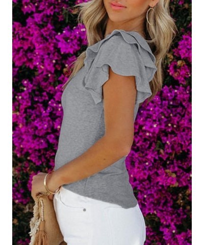 Womens Summer Tops Crewneck Ruffle Short Sleeve T Shirts Casual Slim Fit B Grey $14.30 T-Shirts